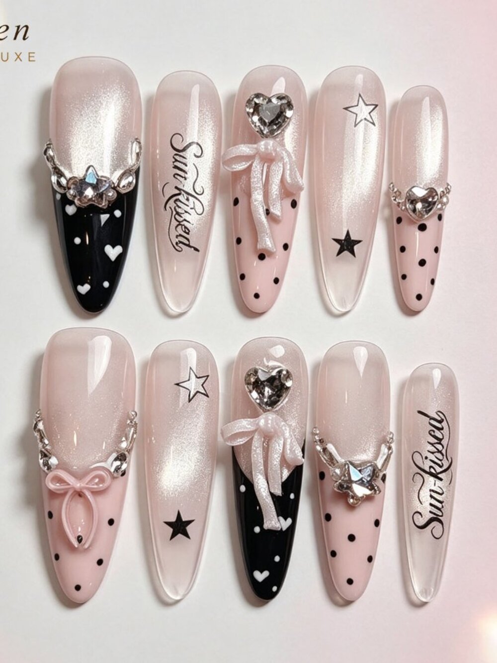 Sweet Y2K Pink Black Cat Eye Long Almond Press On Nails & Bow Heart Rhinestone